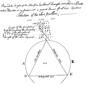 Notes from a journal of Benjamin Banneker solving an inscribed triangle